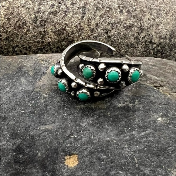 Navajo Handmade Sterling Silver Green Turquoise Multi Stone Hoop Earrings - Picture 1 of 5
